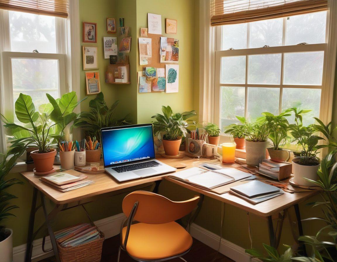 A whimsical workspace filled with colorful art supplies, notebooks overflowing with ideas, and a glowing laptop showcasing a vibrant blog layout. Sunlight streams through a window, casting a warm glow on a corkboard filled with creative inspiration. A steaming cup of tea sits nearby, surrounded by plants for a refreshing vibe. The atmosphere radiates creativity and motivation. super-realistic. vibrant colors. warm lighting.