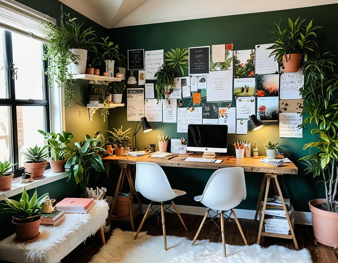 A creative workspace filled with inspiration elements like notebooks, a laptop, colorful pens, and coffee cups, surrounded by lush plants and vision boards with quotes. The scene captures the journey of content creation with a bright light illuminating the desk, symbolizing ideas coming to life. Soft pastels and warm tones evoke a sense of calm and motivation. super-realistic. vibrant colors. cozy atmosphere.